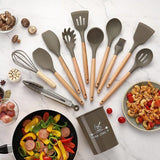 12 Pcs Silicone Cooking Utensils Kitchen Utensil Set | Heat Resistant Kitchen Non toxic Spatula Set with Turner Tongs,Spoon,Brush,Whisk-Wooden Handle - Random Color